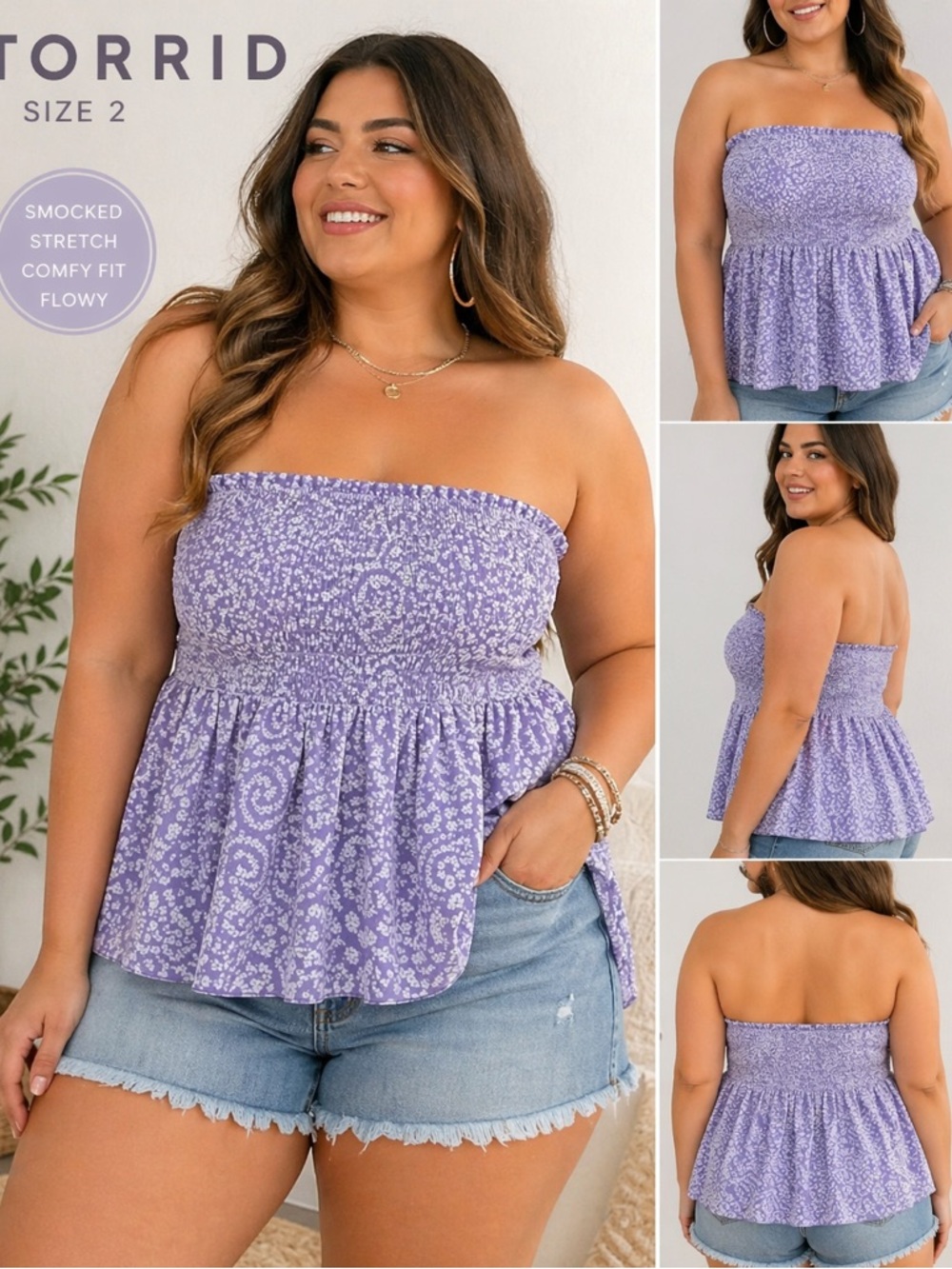 Lightweight Torrid smocked babydoll top in a soft lavender purple 2